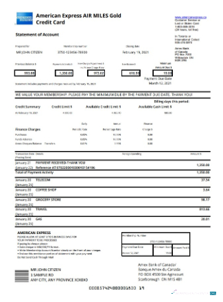 Download Canada American Express Air Miles gold credit card statement excel Photoshop template